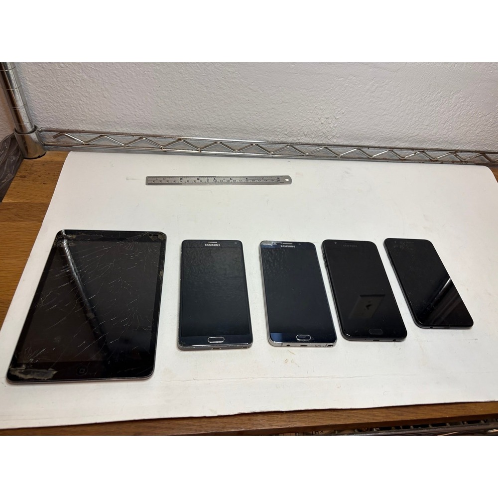 Lot of 5 Parts / Repair Devices: Apple iPad (Shattered Screen), Samsung Galaxy N
